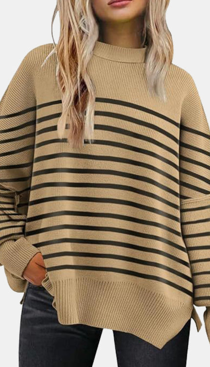 Round Neck Drop Shoulder Slit Sweater - Camel / S - Sweaters