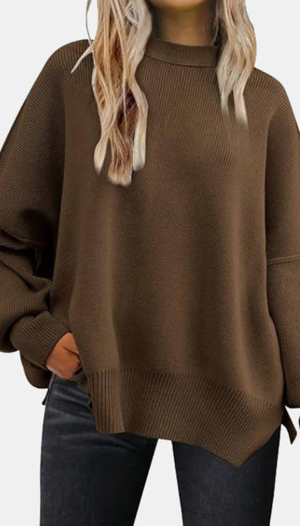 Round Neck Drop Shoulder Slit Sweater - Chocolate / S - Sweaters