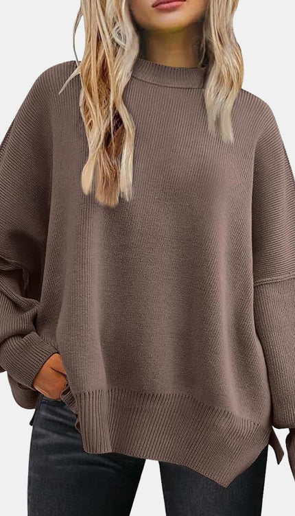 Round Neck Drop Shoulder Slit Sweater - Coffee Brown / S - Sweaters