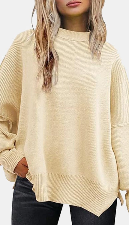 Round Neck Drop Shoulder Slit Sweater - Ivory / S - Sweaters