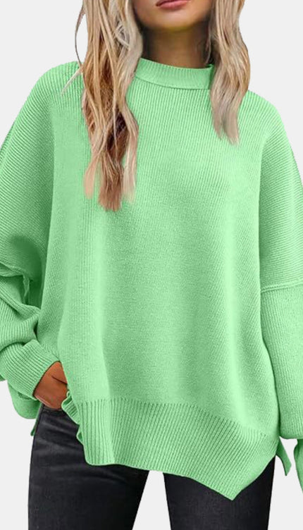 Round Neck Drop Shoulder Slit Sweater - Mint Green / S - Sweaters