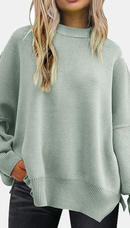 Round Neck Drop Shoulder Slit Sweater - Sage / S - Sweaters