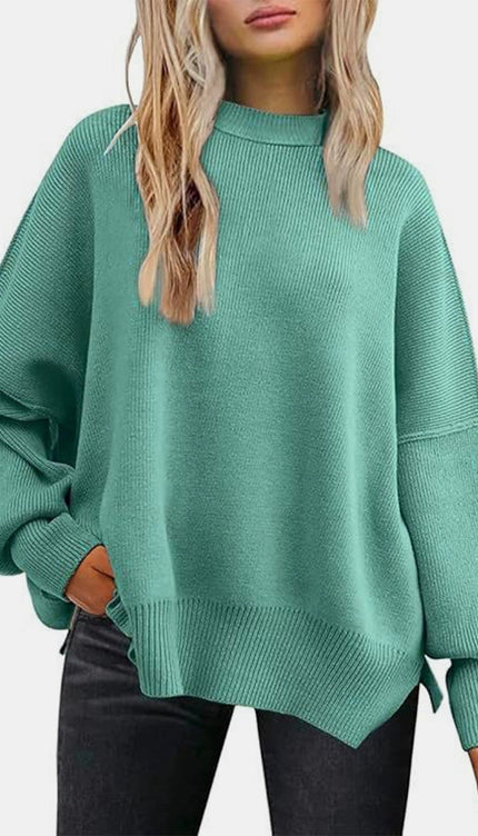 Round Neck Drop Shoulder Slit Sweater - Turquoise / S - Sweaters