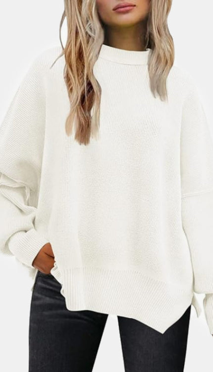 Round Neck Drop Shoulder Slit Sweater - White / S - Sweaters