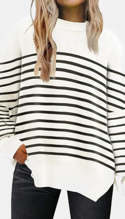 Round Neck Drop Shoulder Slit Sweater - white stripes / S - Sweaters