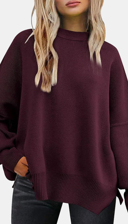 Round Neck Drop Shoulder Slit Sweater - Wine / S - Sweaters