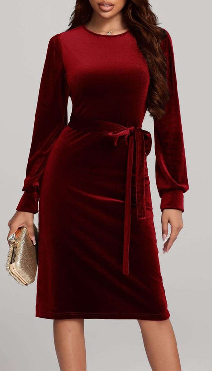 Round Neck Tie Waist Long Sleeve Velvet Dress - Burgundy / S