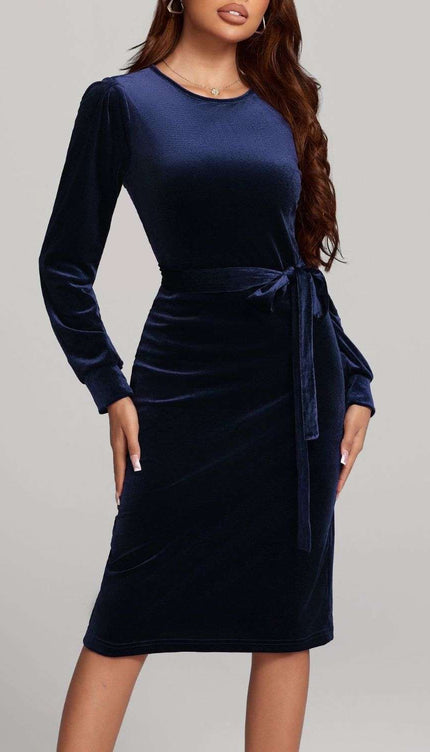 Round Neck Tie Waist Long Sleeve Velvet Dress - Navy / S