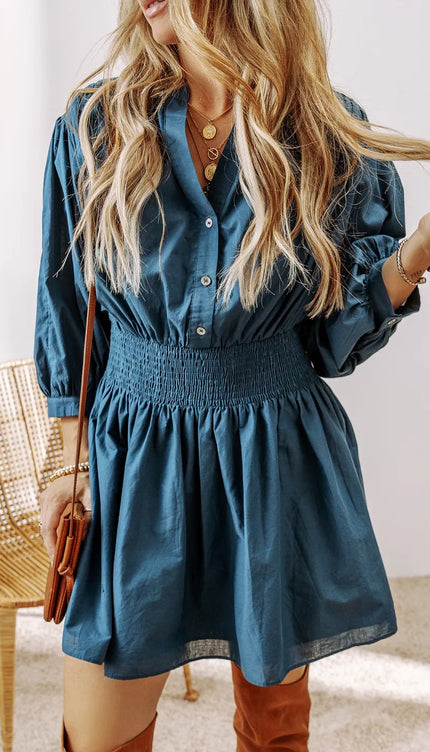 Smocked Half Button Three-Quarter Sleeve Mini Dress - French Blue / S