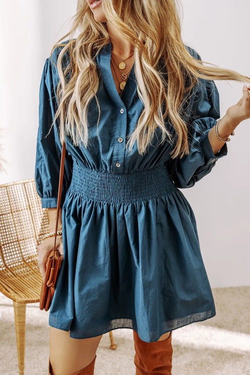 Smocked Half Button Three-Quarter Sleeve Mini Dress - French Blue / S