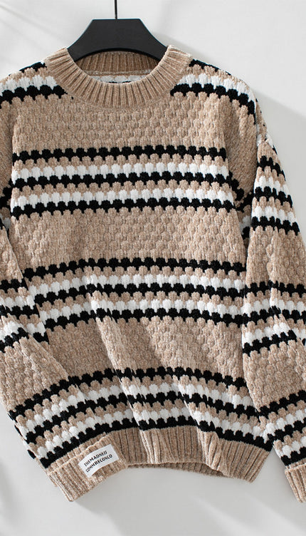 Striped Round Neck Long Sleeve Sweater - Camel / S