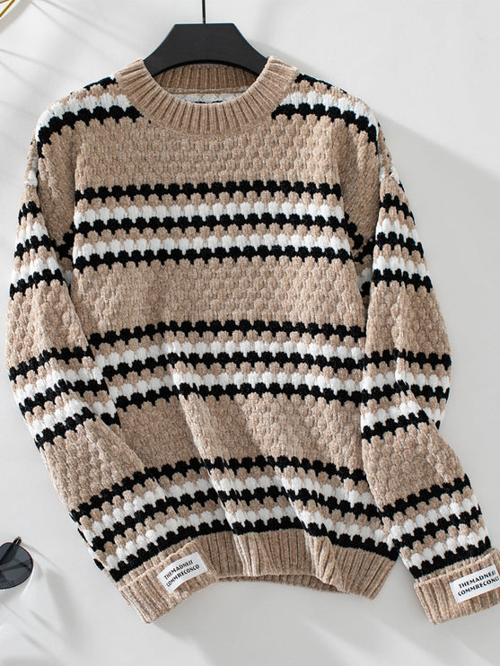 Striped Round Neck Long Sleeve Sweater - Camel / S