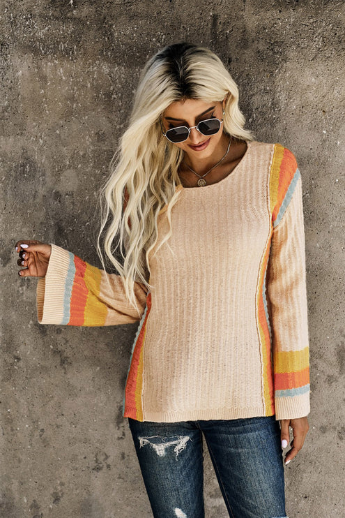 Striped Round Neck Long Sleeve Sweater - Khaki / S