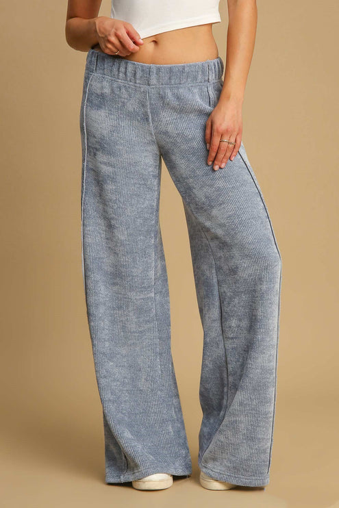 Umgee Elastic Waist Wide Leg Pants - Light Blue / S