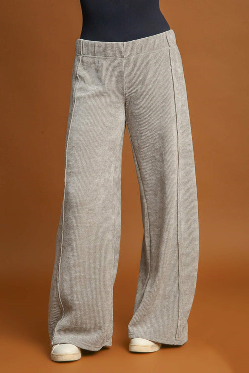Umgee Elastic Waist Wide Leg Pants - Light Gray / S