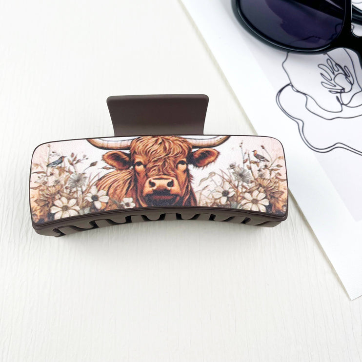 Western cowboy style cow head pattern PU leather Hair clips - C