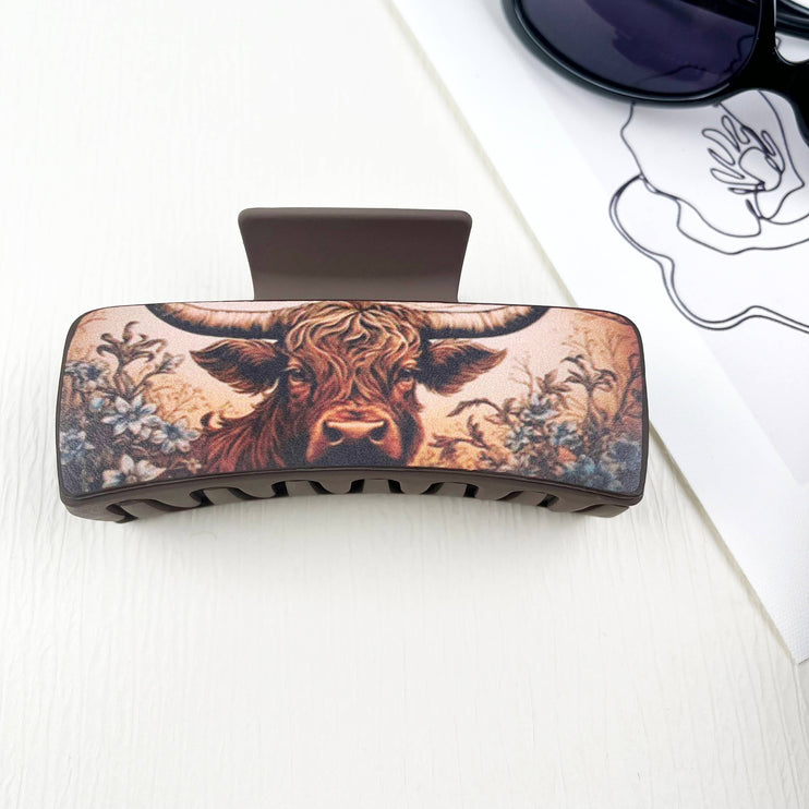 Western cowboy style cow head pattern PU leather Hair clips - D