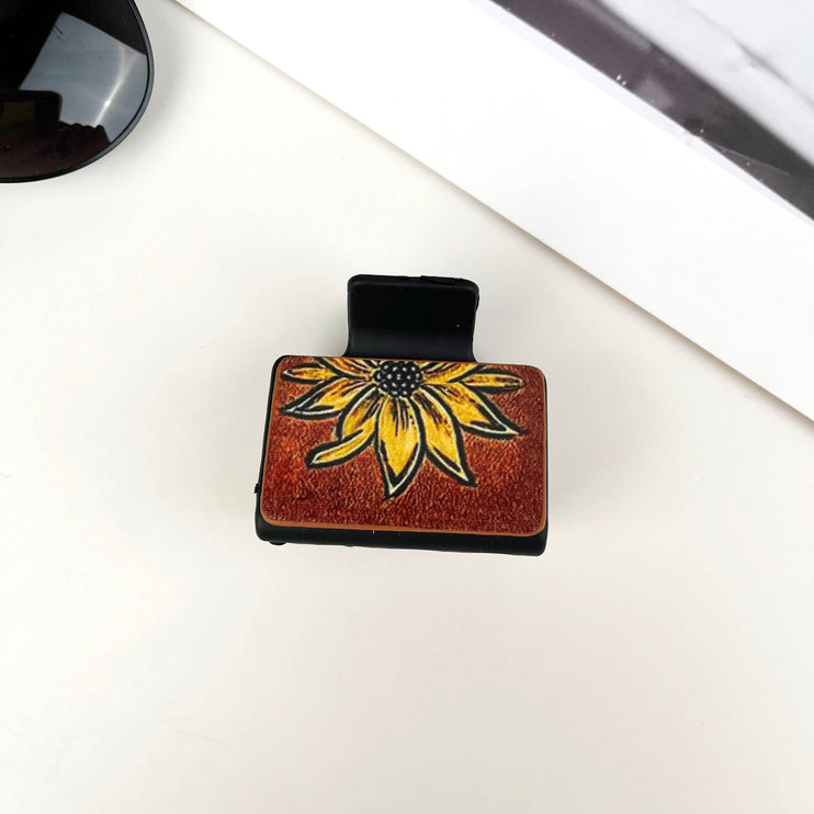 Western cowboy style leather square hair claw clip - B