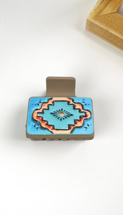 Western cowboy style PU leather square hair claw clip - C