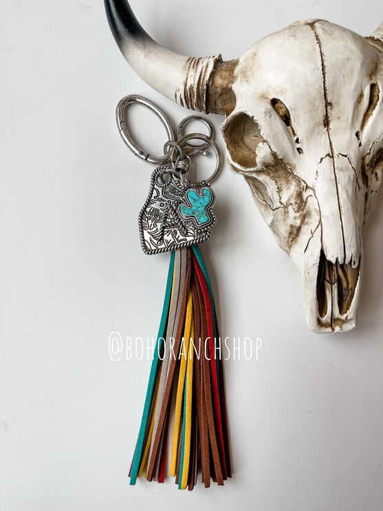Western Initial Eartag Keychain - Cactus Pedant