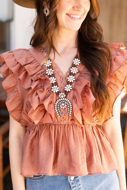 White Cream & Copper Squash Blossom Necklace - One Size / Beige