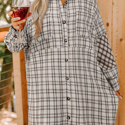 White Stripe Plus Size Plaid Tunic Shirt Dress - White Stripe / 1X - Mini Dresses