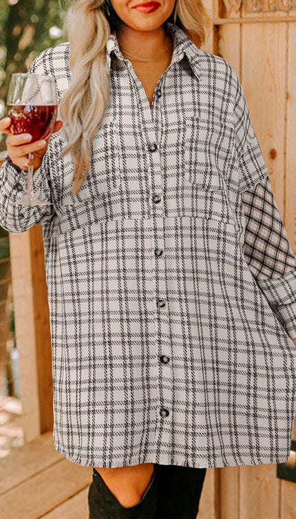 White Stripe Plus Size Plaid Tunic Shirt Dress - White Stripe / 1X - Mini Dresses