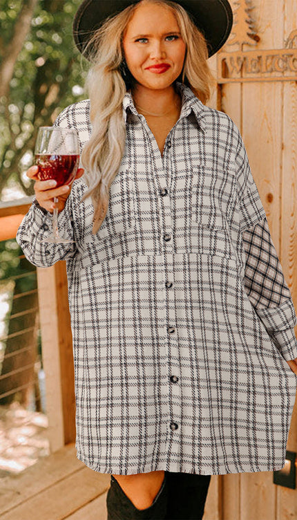 White Stripe Plus Size Plaid Tunic Shirt Dress - Mini Dresses