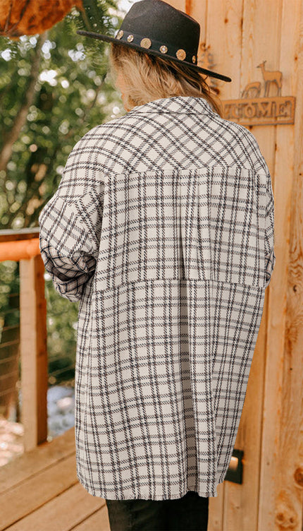 White Stripe Plus Size Plaid Tunic Shirt Dress - Mini Dresses