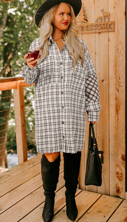 White Stripe Plus Size Plaid Tunic Shirt Dress - Mini Dresses