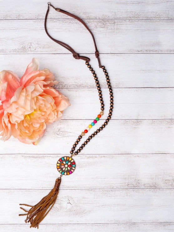 Wild West Rainbow Squash Tassel Pendant on Copper Navajo Pearl Necklace - Multi / One Size