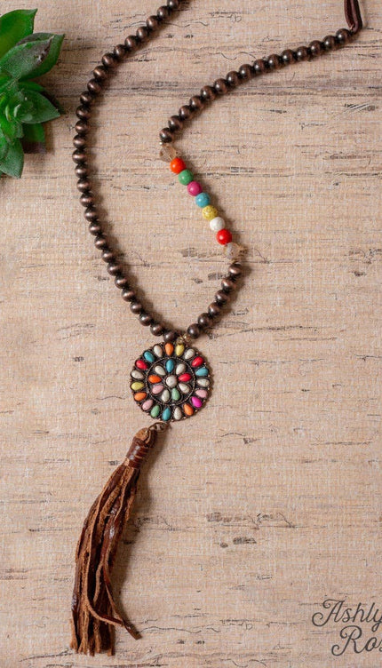 Wild West Rainbow Squash Tassel Pendant on Copper Navajo Pearl Necklace - Multi / One Size
