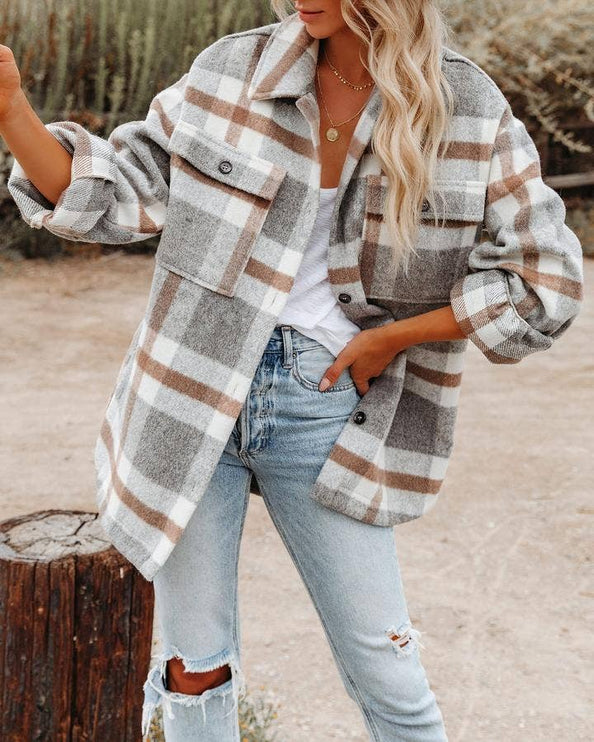Women’s Plaid Button Flannel Shirt Jacket - 100% Polyester / Light gray / S