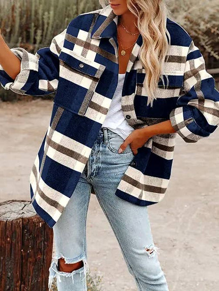 Women’s Plaid Button Flannel Shirt Jacket - 100% Polyester / Navy blue / S