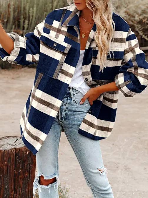 Women’s Plaid Button Flannel Shirt Jacket - 100% Polyester / Navy blue / S