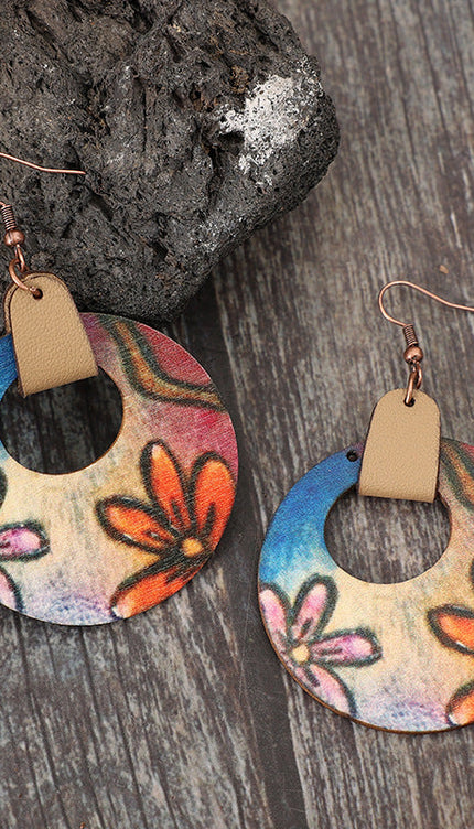 Wooden Flower Round Shape Earrings - Orange / One Size - Modish