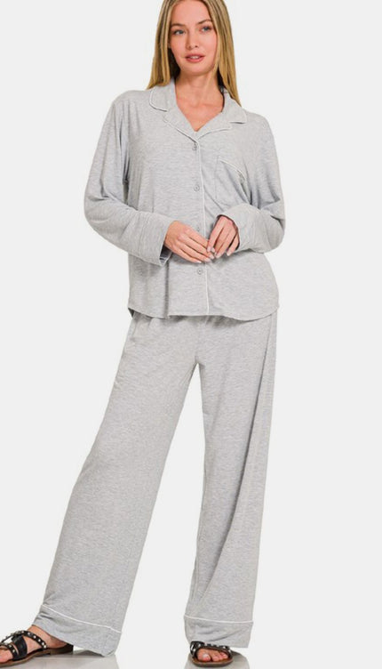 Zenana Button Down Long Sleeve Top and Pants Lounge Set - Light Gray / S