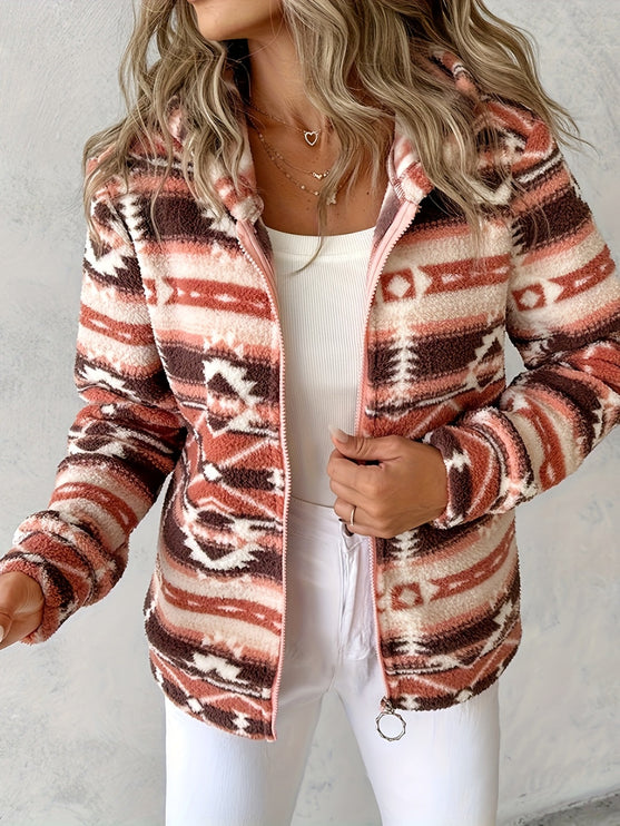 Zip Up Long Sleeve Hooded Jacket - Brown / S